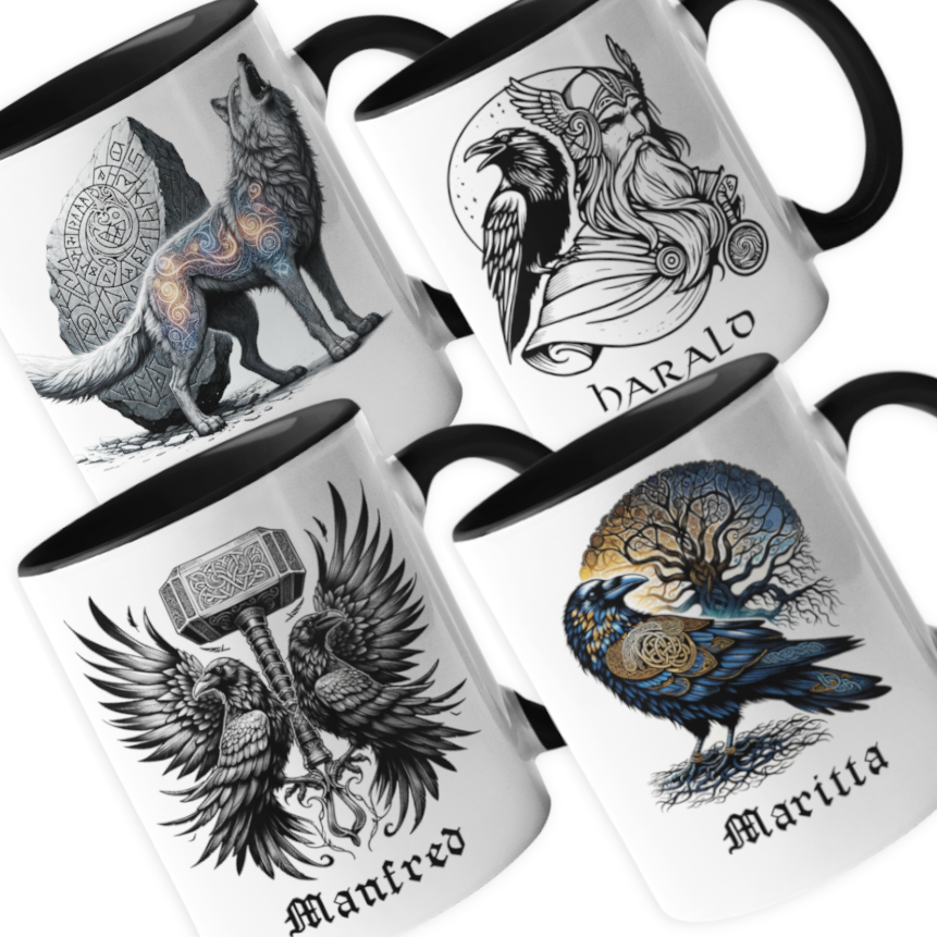 Personalisierte Wikinger-Tasse Mit Thors Hammer & Raben - Keramikbecher Mit Deinem Namen, 330 Ml