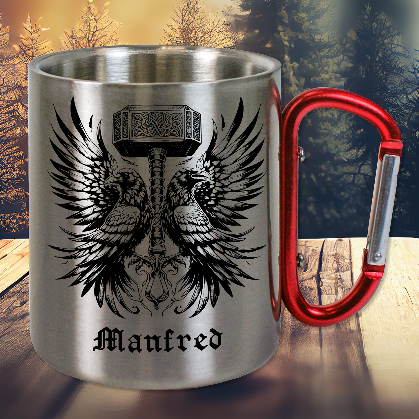 Personalisierte Edelstahltasse, Edelstahlbecher. Doppelwandig mit Karabiner und Wikinger Motiv.