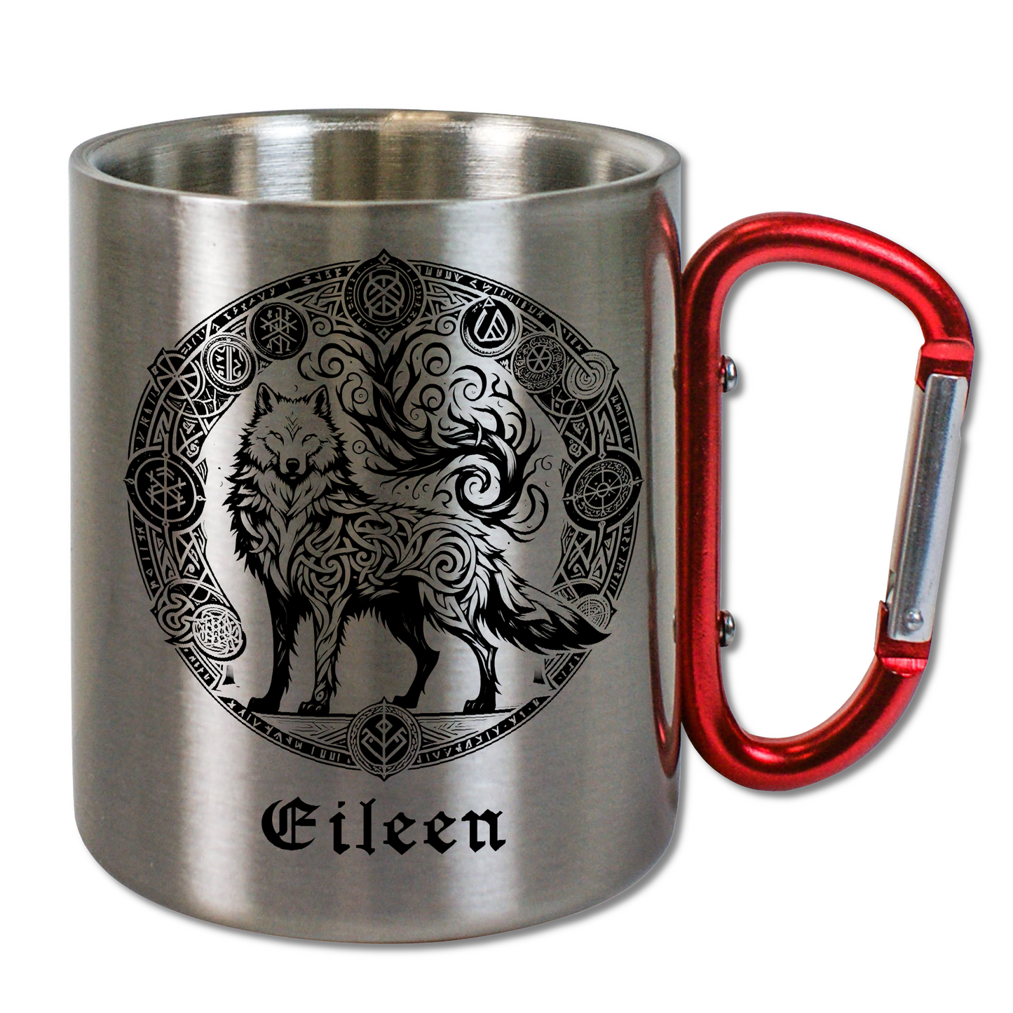 Personalisierte Edelstahltasse, Edelstahlbecher. Doppelwandig mit Karabiner und Wikinger Motiv. Wolf Aufdruck.