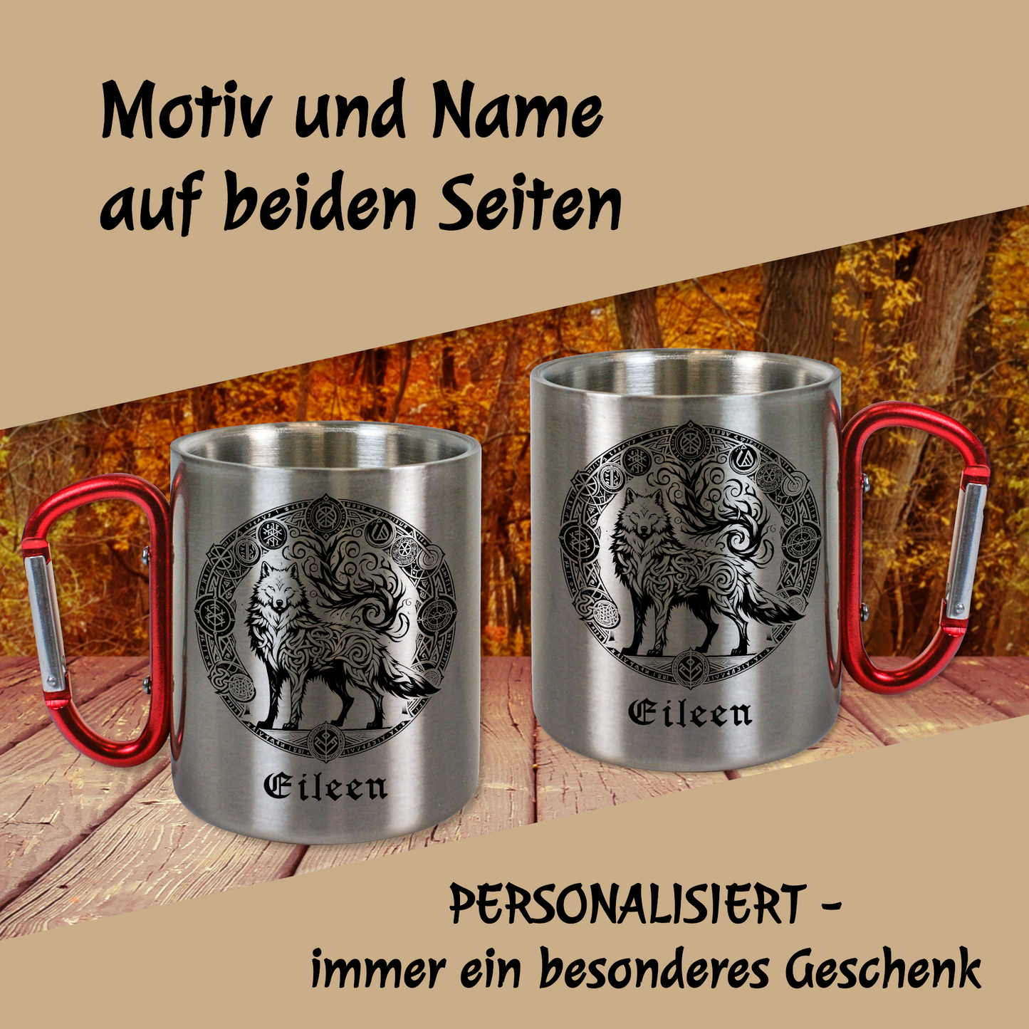 Personalisierte Edelstahltasse, Edelstahlbecher. Doppelwandig mit Karabiner und Wikinger Motiv. Wolf Aufdruck.
