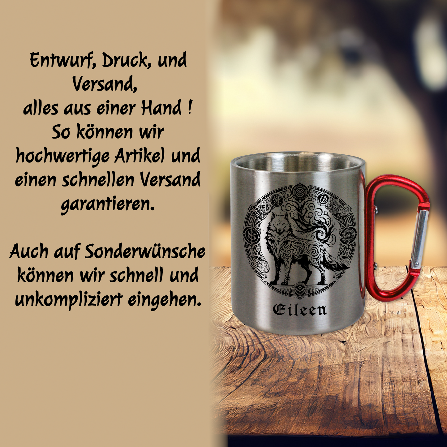 Personalisierte Edelstahltasse, Edelstahlbecher. Doppelwandig mit Karabiner und Wikinger Motiv. Wolf Aufdruck.