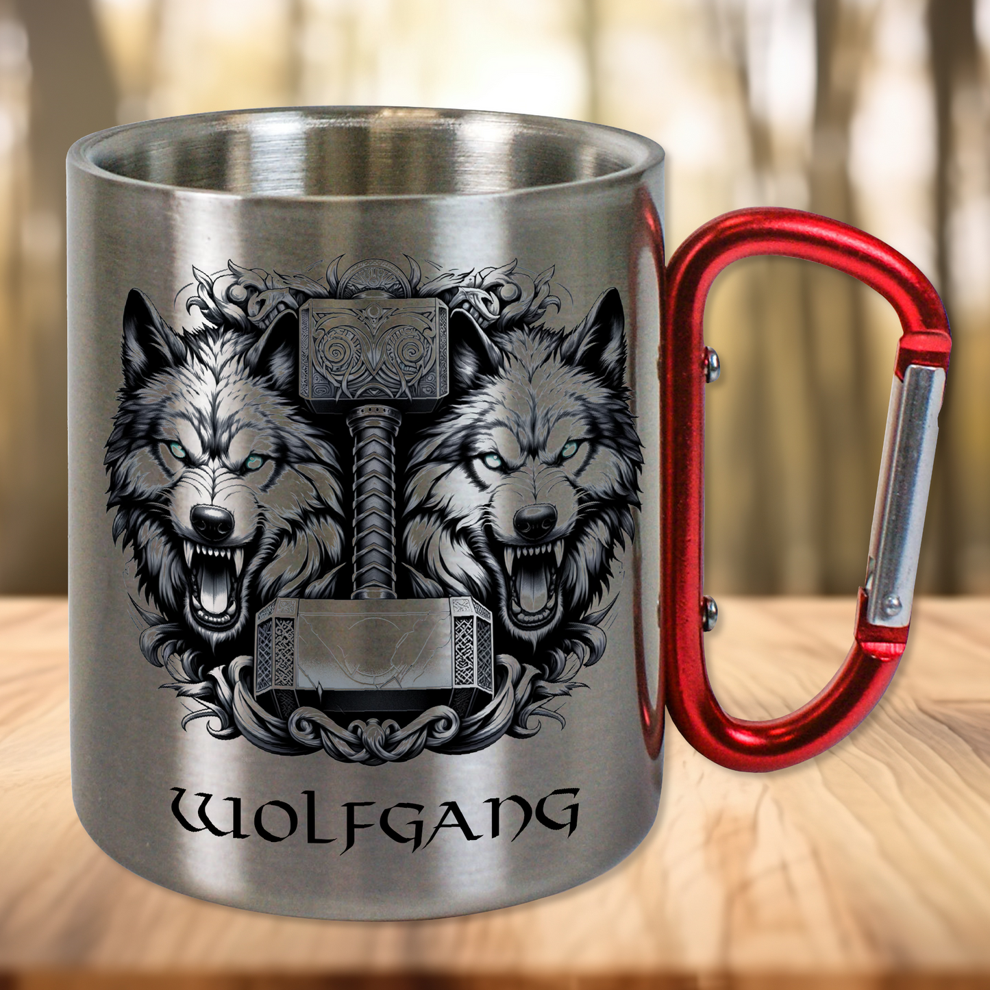 Personalisierte Edelstahltasse, Edelstahlbecher. Doppelwandig mit Karabiner und Wikinger Motiv. Thors Hammer und Wölfe