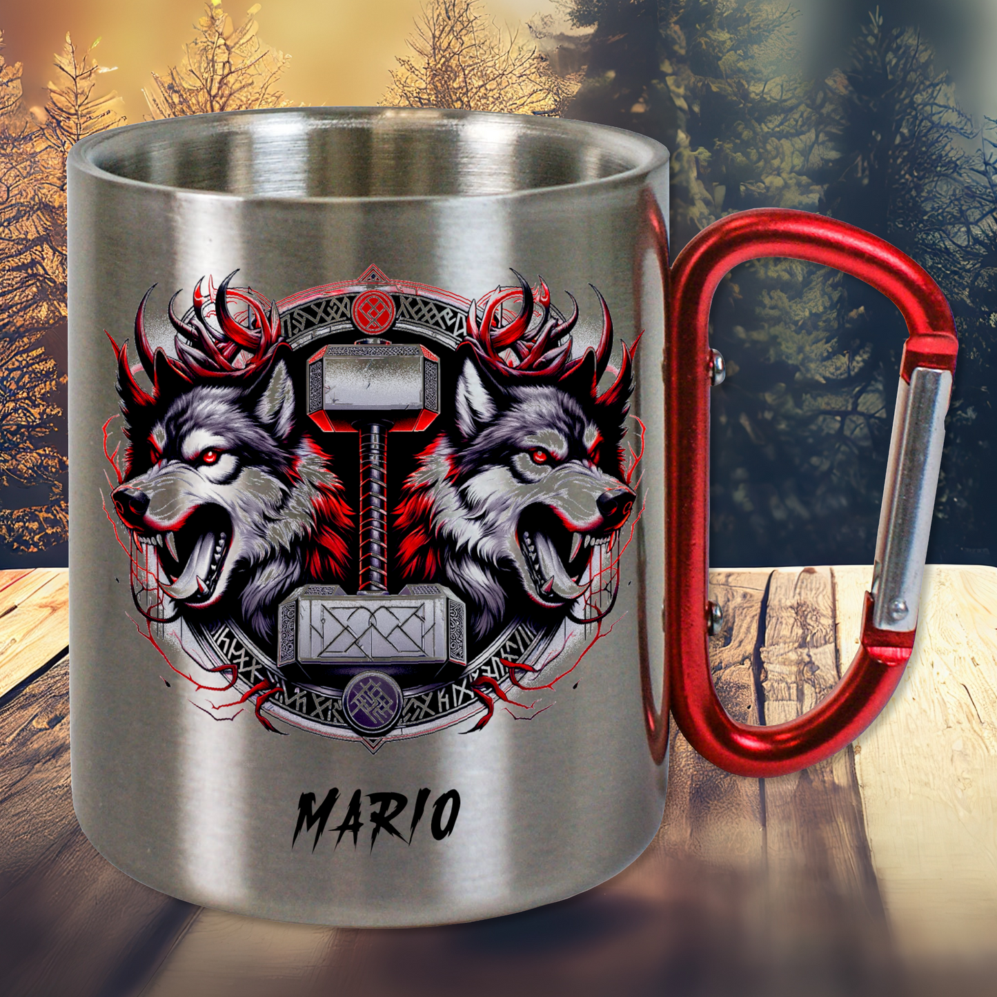 Personalisierte Edelstahltasse, Edelstahlbecher. Doppelwandig mit Karabiner und Wikinger Motiv. Thors Hammer und Wölfe