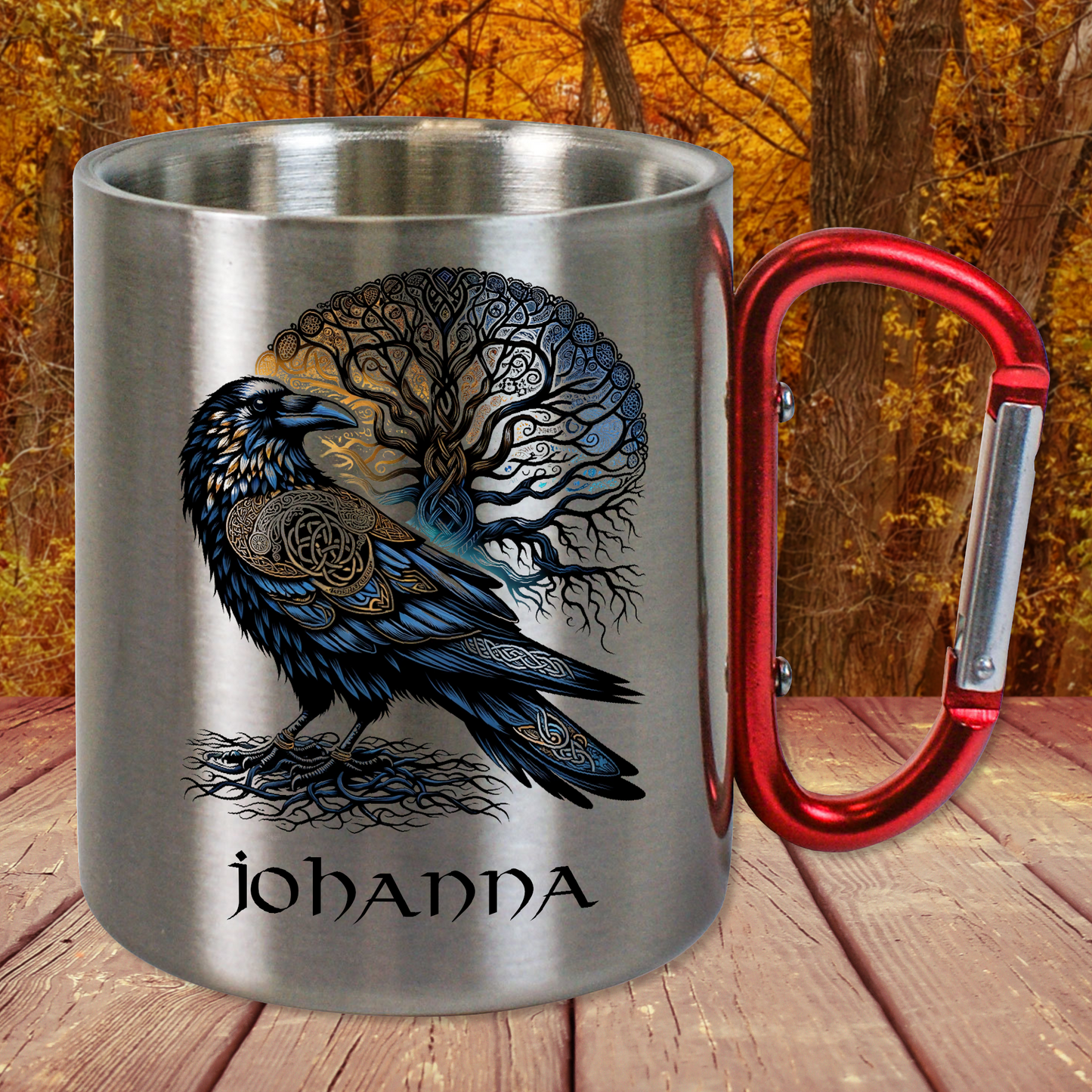 Personalisierte Edelstahltasse, Edelstahlbecher. Doppelwandig mit Karabiner und Wikinger Motiv. Yggdrasil und Rabe