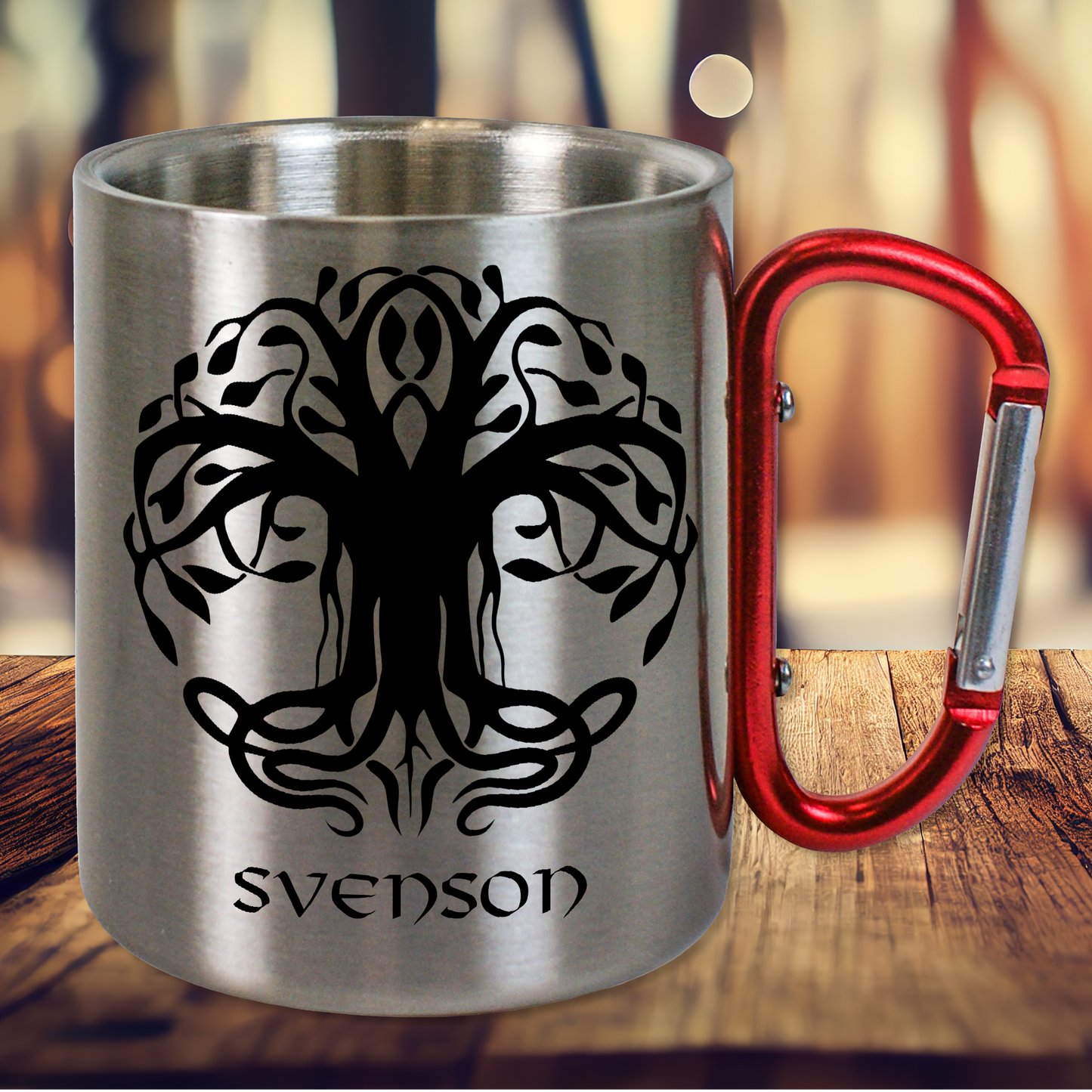 Personalisierte Edelstahltasse, Edelstahlbecher. Doppelwandig mit Karabiner und Wikinger Motiv. Yggdrasil Baum des Lebens