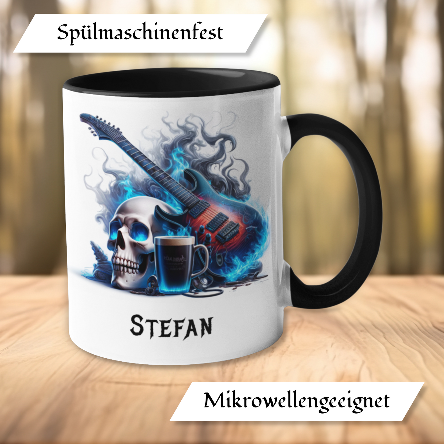 Personalisierte Heavy Metal Tasse mit Name, Motiv Totenkopf und Gitarre ohne Spruch