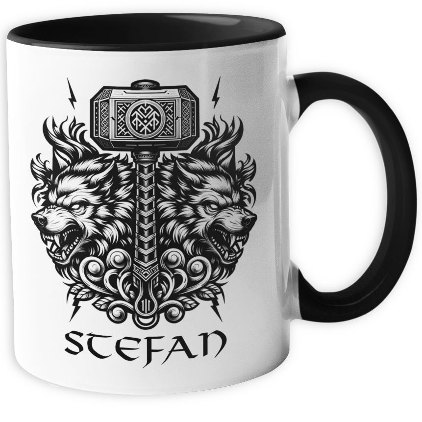 Personalisierte Wikinger Tasse | Thors Hammer und Wölfe