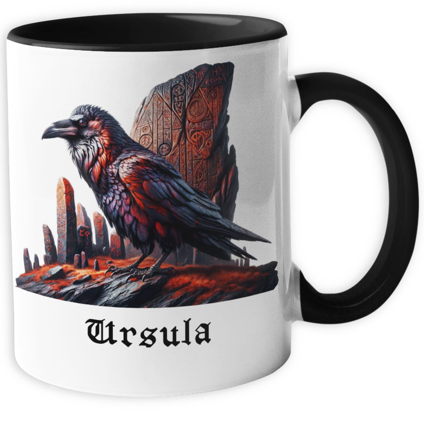 Personalisierte Wikinger Tasse mit Name, Motiv Rabe mit Runenstein