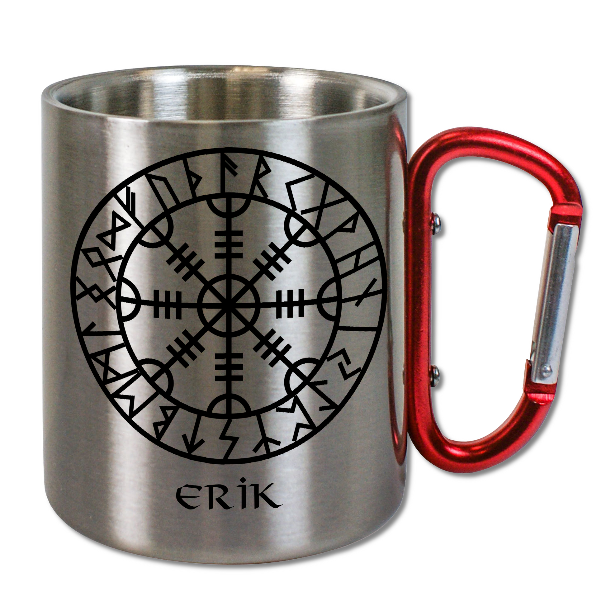 Personalisierte Edelstahltasse, Edelstahlbecher. Doppelwandig mit Karabiner und Wikinger Motiv. Aegishjalmur im Runenkreis