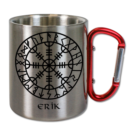 Personalisierte Edelstahltasse, Edelstahlbecher. Doppelwandig mit Karabiner und Wikinger Motiv. Aegishjalmur im Runenkreis