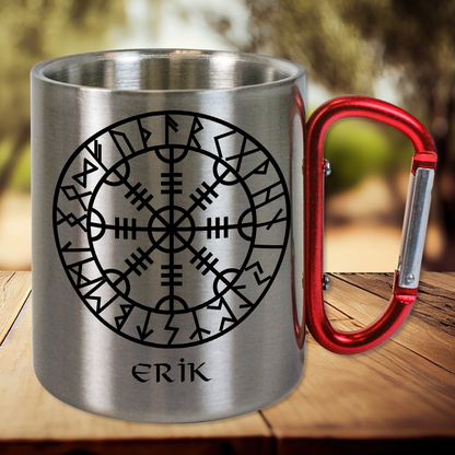 Personalisierte Edelstahltasse, Edelstahlbecher. Doppelwandig mit Karabiner und Wikinger Motiv. Aegishjalmur im Runenkreis