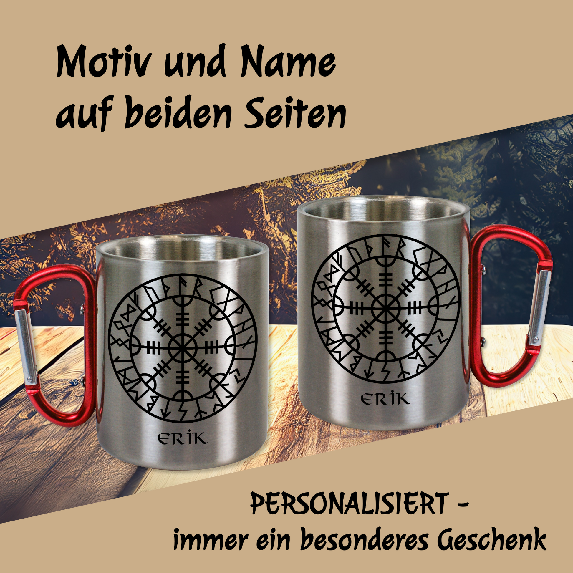 Personalisierte Edelstahltasse, Edelstahlbecher. Doppelwandig mit Karabiner und Wikinger Motiv. Aegishjalmur im Runenkreis
