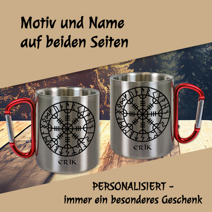 Personalisierte Edelstahltasse, Edelstahlbecher. Doppelwandig mit Karabiner und Wikinger Motiv. Aegishjalmur im Runenkreis