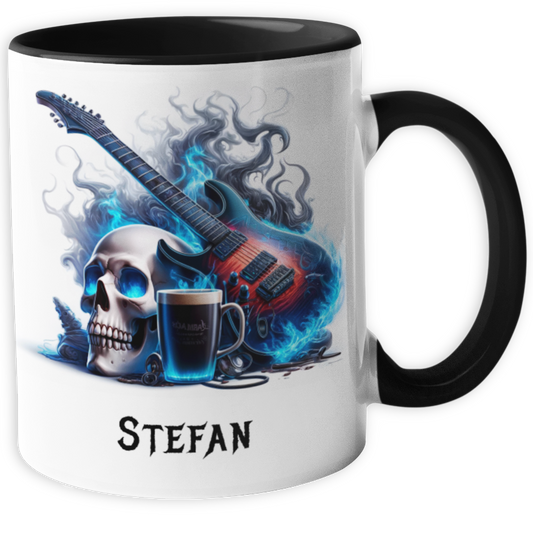 Personalisierte Heavy Metal Tasse mit Name, Motiv Totenkopf und Gitarre ohne Spruch