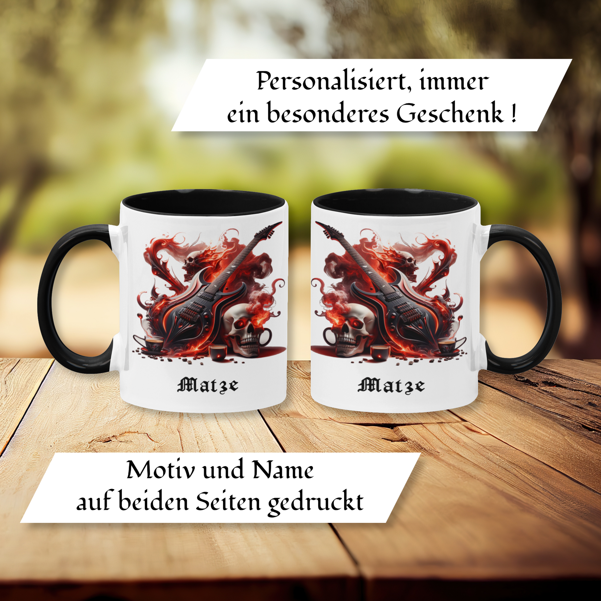 Personalisierte Heavy Metal Tasse mit Name, Motiv Totenkopf und Gitarre ohne Spruch