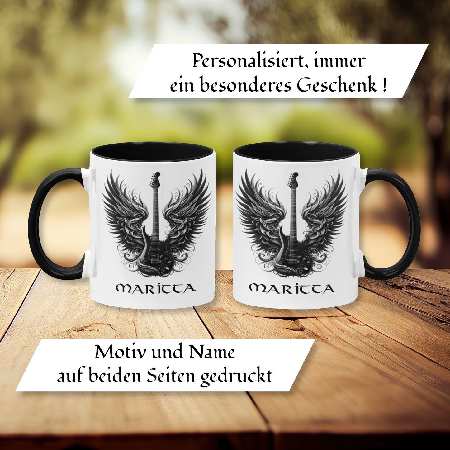 Personalisierte Heavy Metal Tasse mit Name, Motiv Totenkopf und Gitarre ohne Spruch