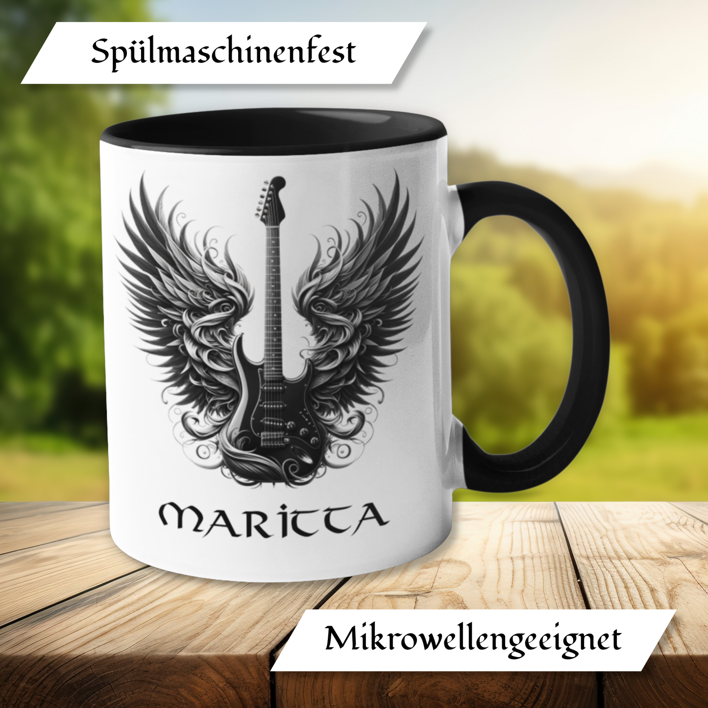 Personalisierte Heavy Metal Tasse mit Name, Motiv Totenkopf und Gitarre ohne Spruch