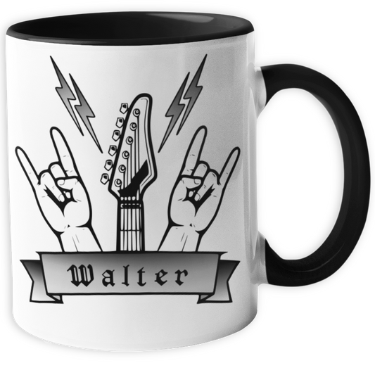 Personalisierte Heavy Metal Tasse mit Name, Motiv Rockhand, Pommesgabel und Gitarre ohne Spruch