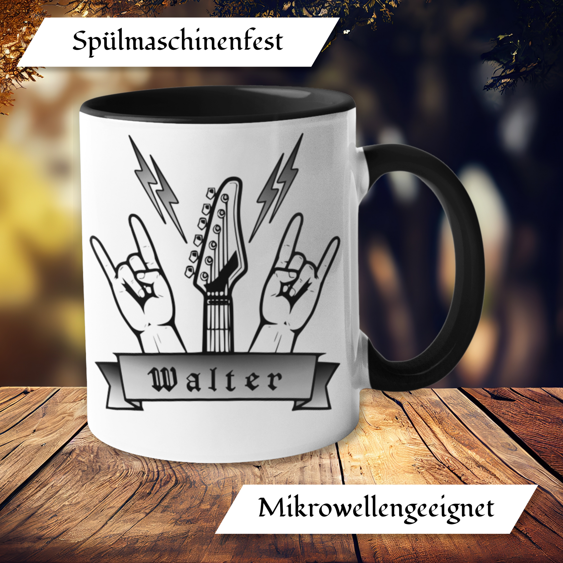 Personalisierte Heavy Metal Tasse mit Name, Motiv Totenkopf und Gitarre ohne Spruch