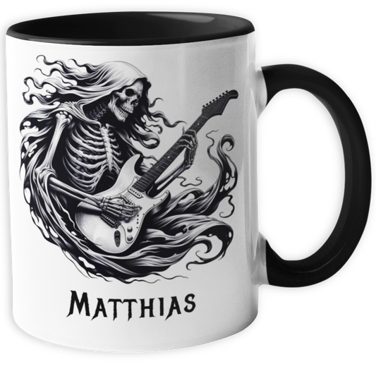 Personalisierte Heavy Metal Tasse mit Name, Motiv Skelett mit Gitarre - Grim Reaper ohne Spruchund Gitarre ohne Spruch