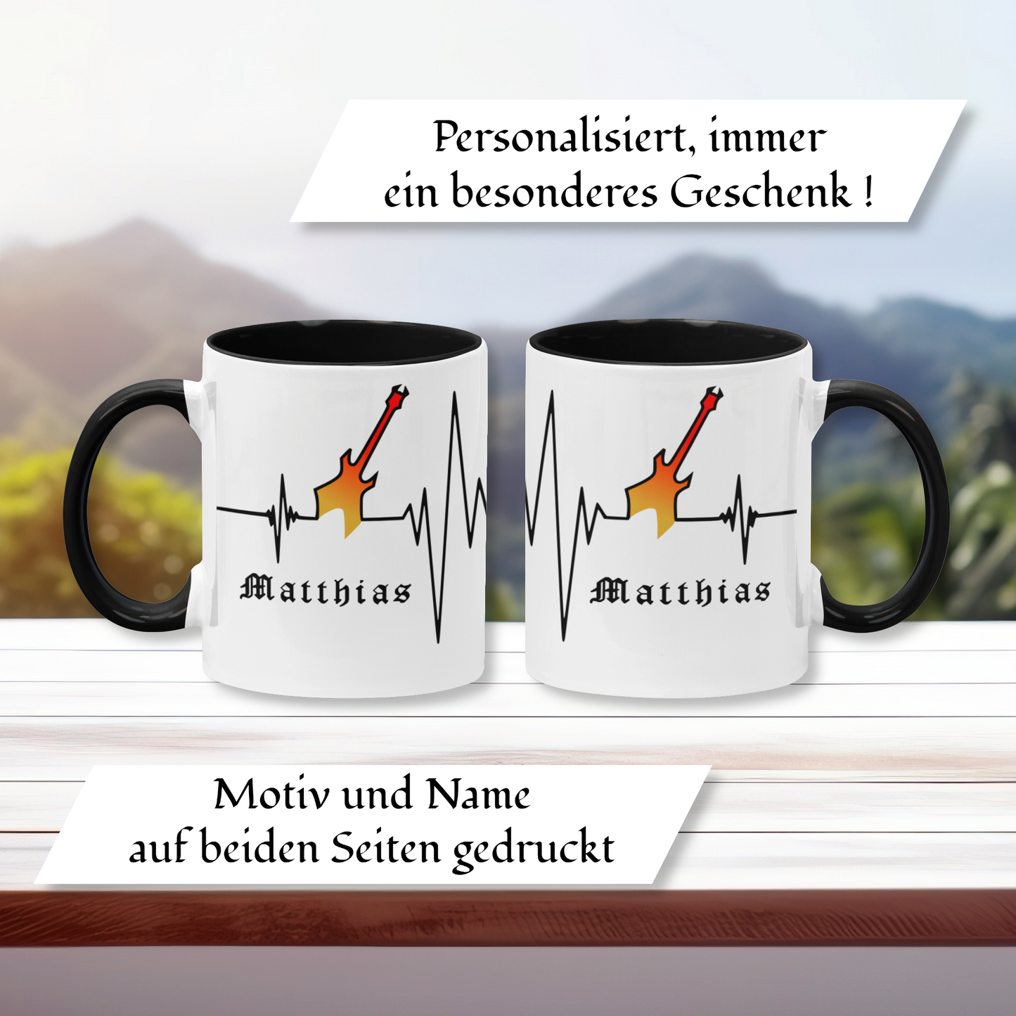 Personalisierte Heavy Metal Tasse mit Name, Herzschlag Warlock Gitarre