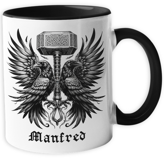 Personalisierte Wikinger Tasse | Motiv Thors Hammer und Raben