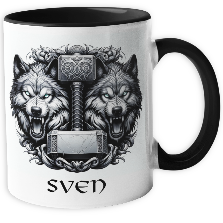 Personalisierte Wikinger Tasse | Thors Hammer und Wölfe
