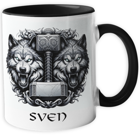 Personalisierte Wikinger Tasse | Thors Hammer und Wölfe