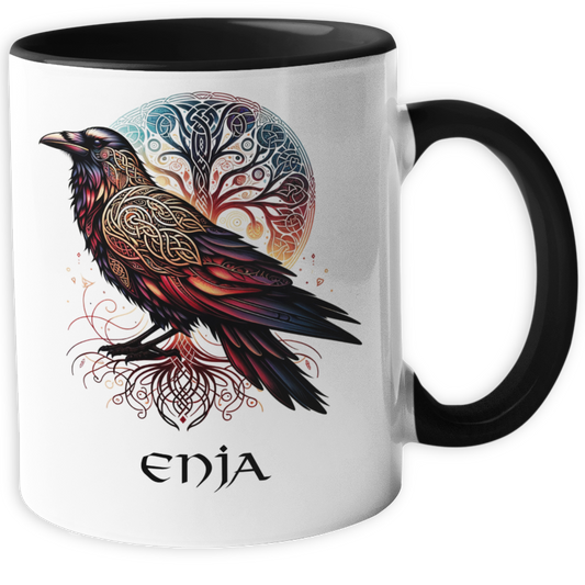 Personalisierte Wikinger Tasse mit Name, Motiv Yggdrasil und Rabe