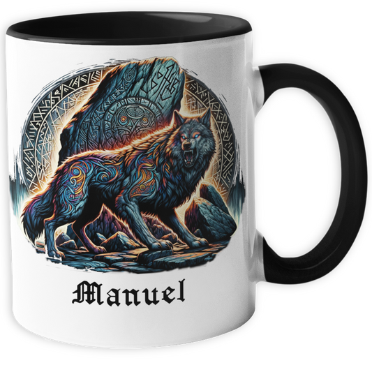 Personalisierte Wikinger Tasse mit Name, Motiv Wolf mit Runenstein