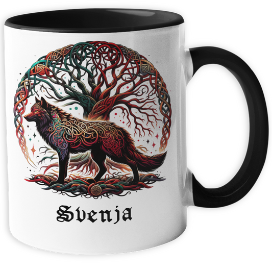 Personalisierte Wikinger Tasse mit Name, Motiv Wolf und Baum des Lebens