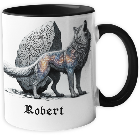 Personalisierte Wikinger Tasse mit Name, Motiv Wolf mit Runenstein