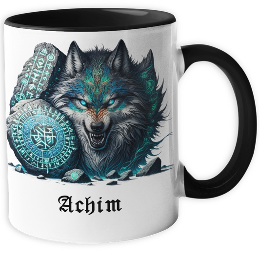 Personalisierte Wikinger Tasse mit Name, Motiv Wolf mit Runenstein