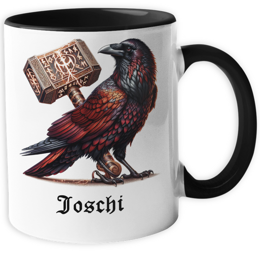 Personalisierte Wikinger Tasse mit Name, Motiv Thors Hammer und Rabe