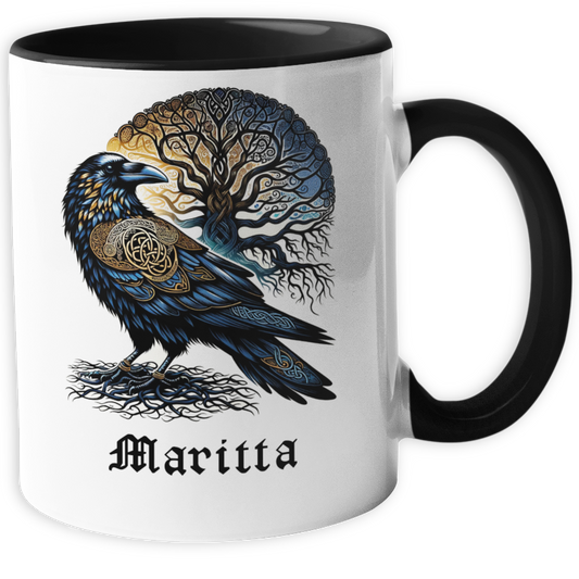 Personalisierte Wikinger Tasse mit Name, Motiv Yggdrasil und Rabe