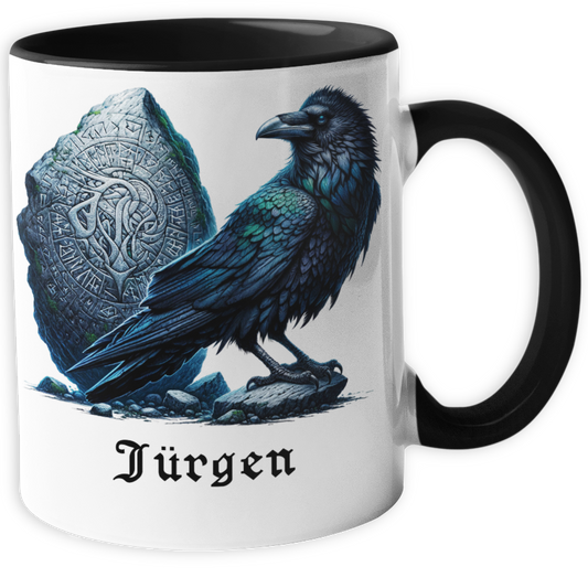 Personalisierte Wikinger Tasse mit Name, Motiv Rabe mit Runenstein